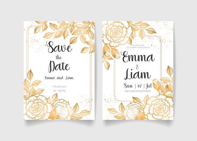 Vector save the date, wedding invitation card set with golden flowers, leaves and branches.