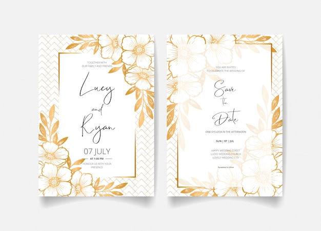 Save the date, wedding invitation card set with golden flowers, leaves and branches.