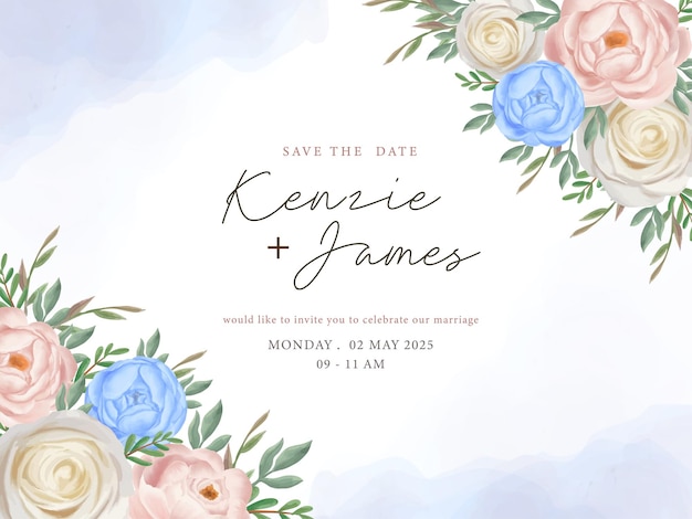 Save the date wedding invitation card template with blue peach white rose flower arrangement art