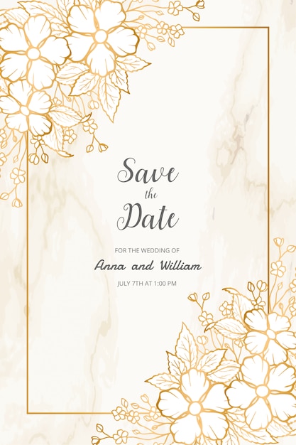 Vector save the date wedding invitation card with golden flowers, leaves and branches