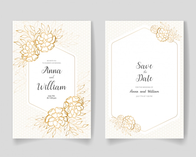 Save the date wedding invitation card with golden flowers, leaves and branches