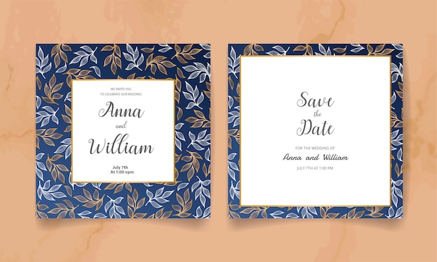 Vector save the date, wedding invitation card with golden flowers, leaves and branches.