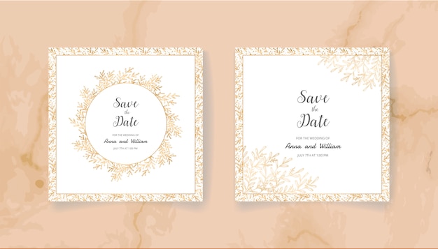 Save the date wedding invitation card with golden leaves and branches