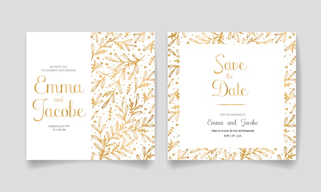 Save the date, wedding invitation card with golden leaves and branches.