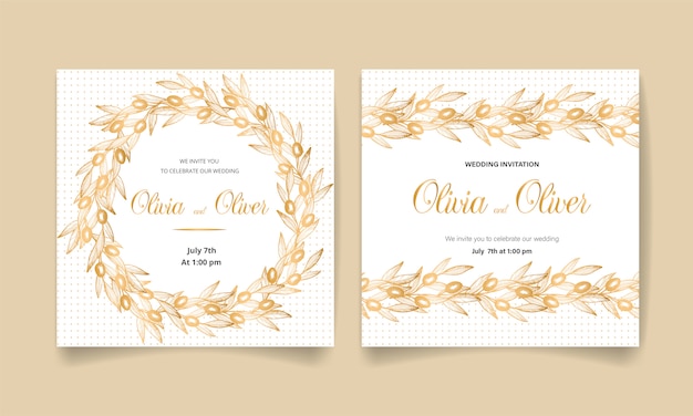 Save the date, wedding invitation card with golden olives, leaves and branches.