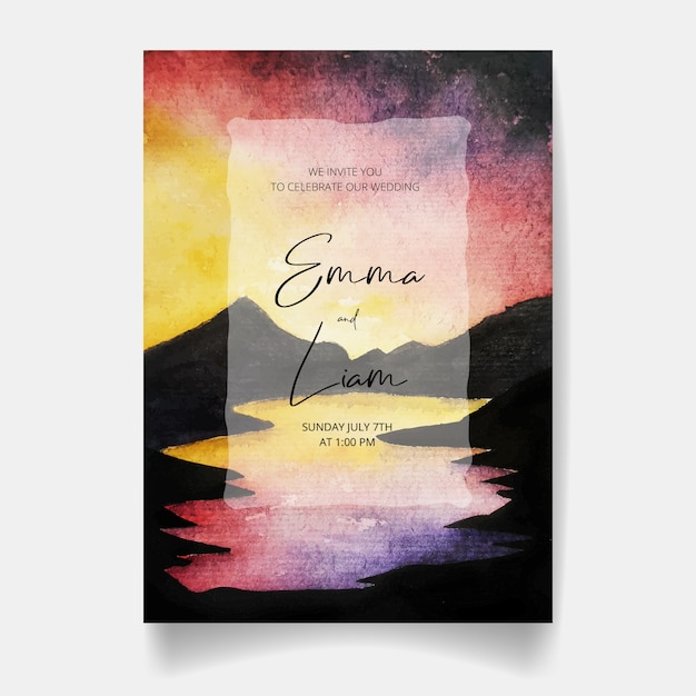 Vector save the date, wedding invitation card with watercolor lake and sky.