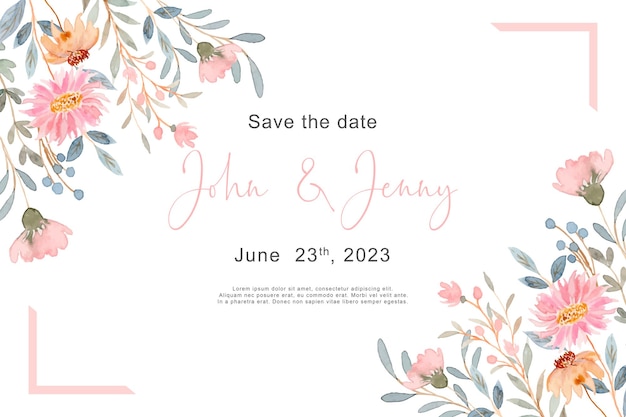 Save the date wedding invitation card with watercolor pink wild flower