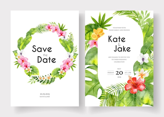 Vector save the date and wedding invitation templates with tropical watercolor flowers and leaves