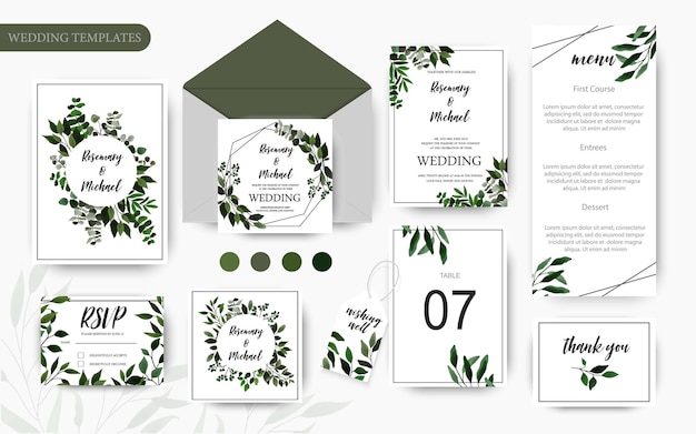 Save the date wedding invite card with floral green leaves, eucalyptus. Vector botanical template border, cover, decorative invitation with greenery, branch