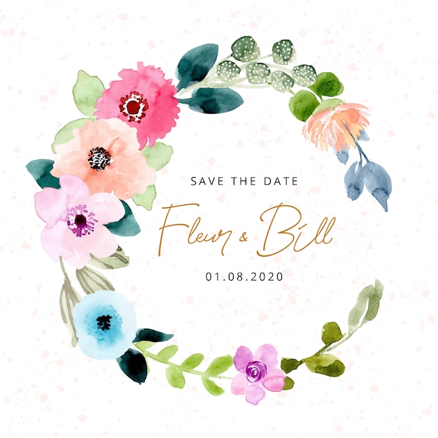 save the date with beautiful watercolor floral wreath