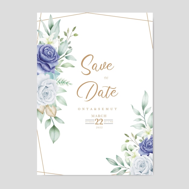 Save the date with blue roses and gold frame