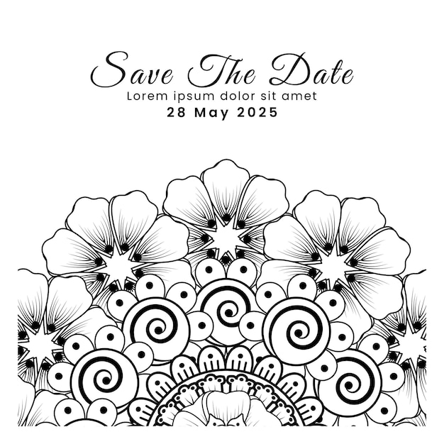 Сохраните дату с цветочным украшением менди в этническом восточном орнаменте каракулей