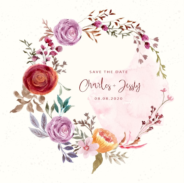 Save the date with vintage watercolor flower wreath