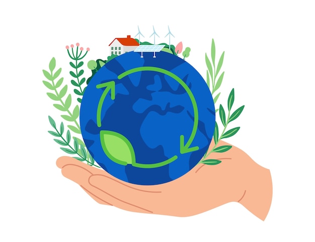 Save the earth concept Hand holding planet protecting environment People taking care of nature using alternative energy