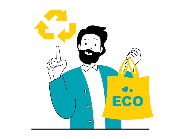 Save Earth concept with character situation Man environmental activist uses textile eco shopping bag and calls for recycling and reusable Vector illustration with people scene in flat design for web