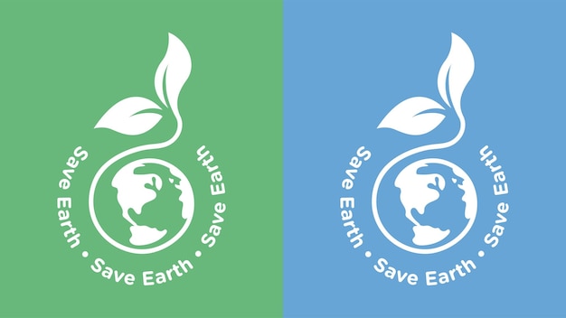 Save earth icon logo design set with earth and leaf vector illustration