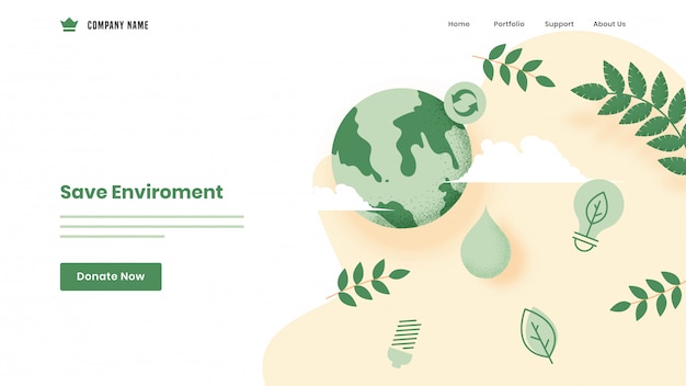 Save environment  based landing page  with earth globe, leaves and eco bulb on white .