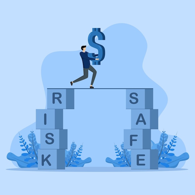 Vettore salvare il concetto di finanza dal rischio, gestione del rischio, prendere il rischio o il concetto di sicurezza, bilanciamento dell'uomo d'affari