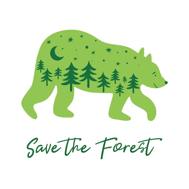 Vector save the forest concept with green bear fir trees inside bear silhouette green forest animal vector