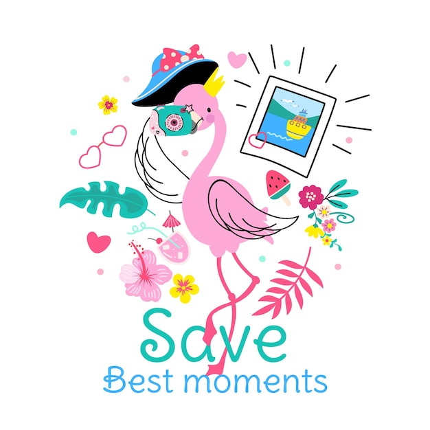 Save moments Savings sweet memories with camera Girl design print beautiful summer sticker or poster Fun fashion memory nowaday vector graphic Illustration of photo camera and flamingo