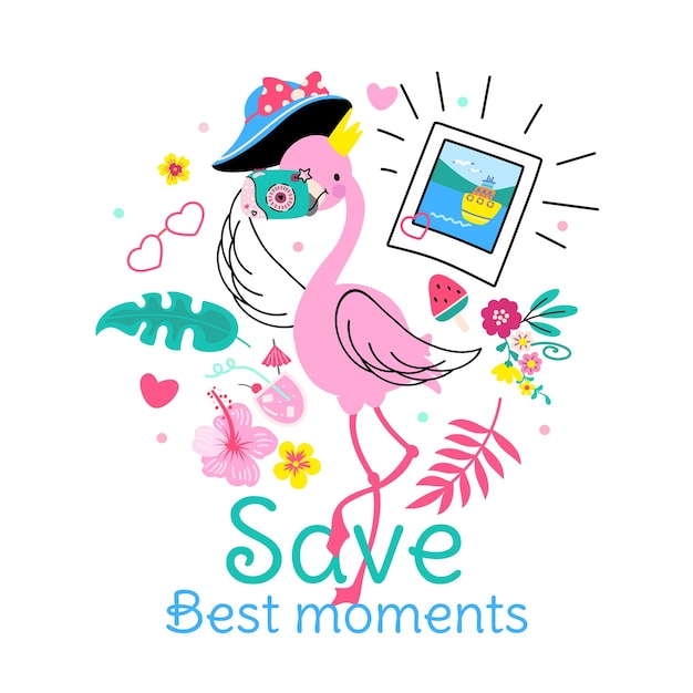 Save moments savings sweet memories with camera girl design print beautiful summer sticker or poster fun fashion memory nowaday vector graphic illustration of photo camera and flamingo