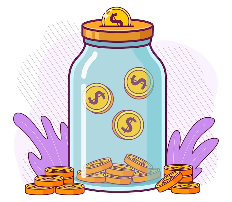 Vector save money in glass jargold coins fall in moneyboxto invest money