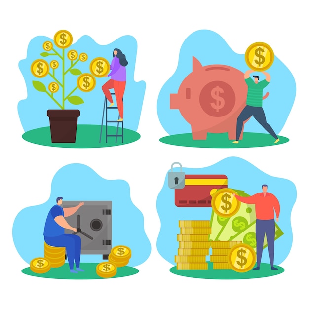 Vector save money set concept, vector illustration. business finance economy with piggy bank, woman character get profit coin from financial tree.