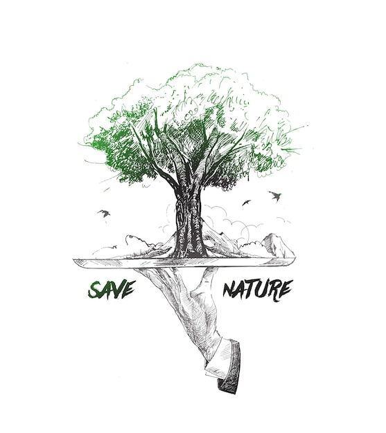 Vector save nature human hand holding tree against white background ecology and earth day concept