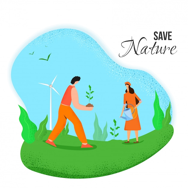 Save Nature. Illustration of gardening man and lady working in nature field