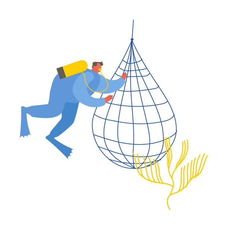 Vector save ocean concept. diver collecting trash into basket underwater