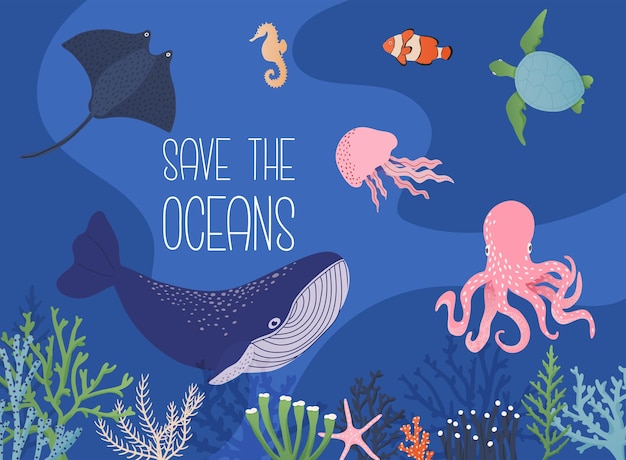 Vector save the ocean concept underwater animals whale jellyfishes whales octopus starfishes and turtles