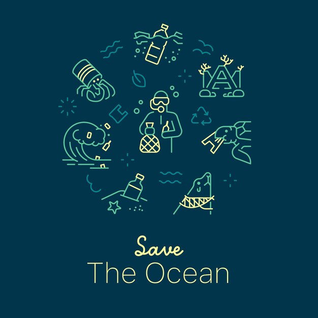 Vector save the ocean concept vector illustration line art style dark background design