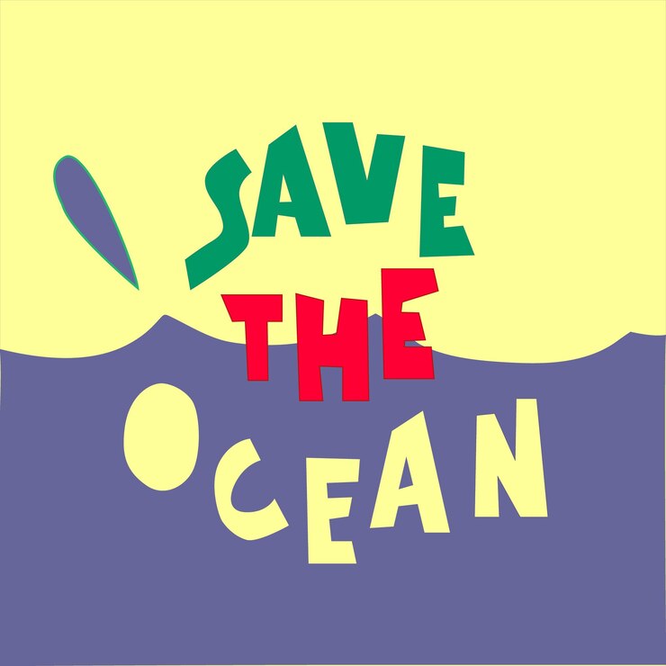 Vector save the ocean illustration on marine pollution problem concept of ecofriendly living hand drawn ocean surface drop of water handlettered slogan