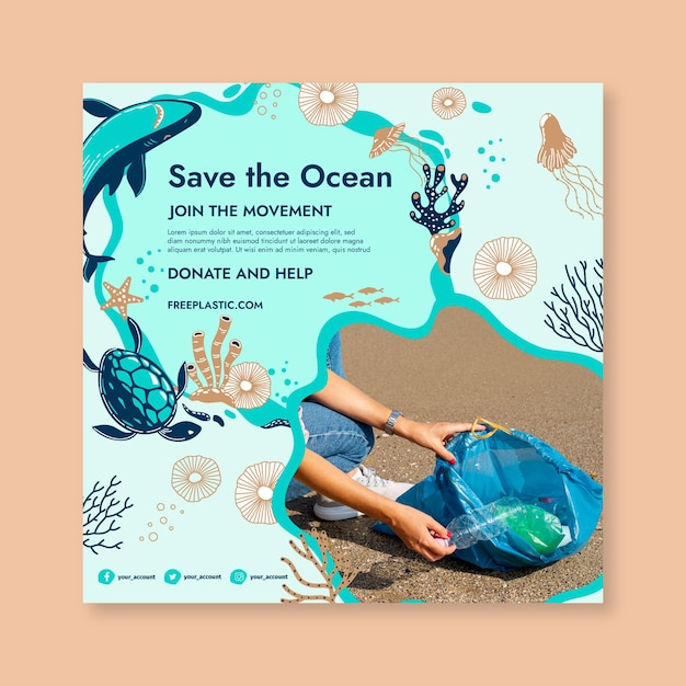 Vector save the ocean square flyer template