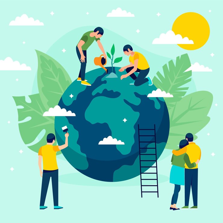 Vector save the planet concept illustration with people and globe