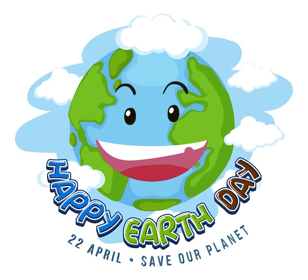 Vector save planet concept with happy earth day logo and smiley earth