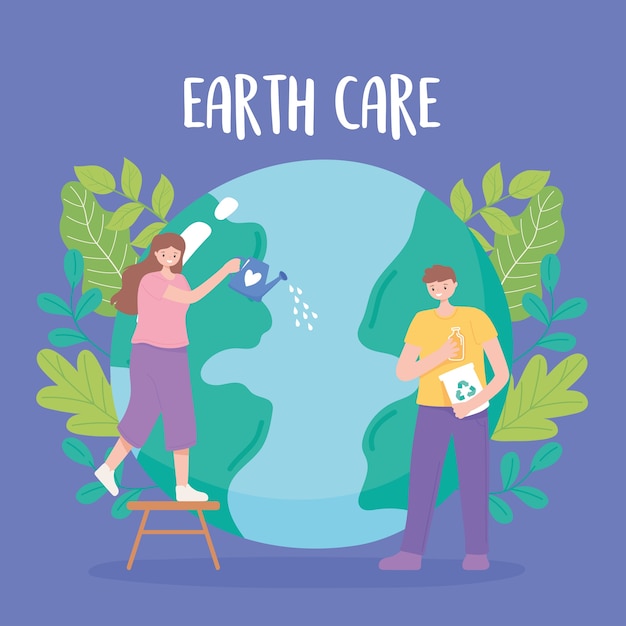 Save the planet, earth map girl with watering can and boy with recycle products, globe care vector illustration