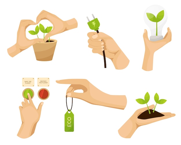 Vector save planet hands cartoon human hands hold different ecological symbols and elements environment