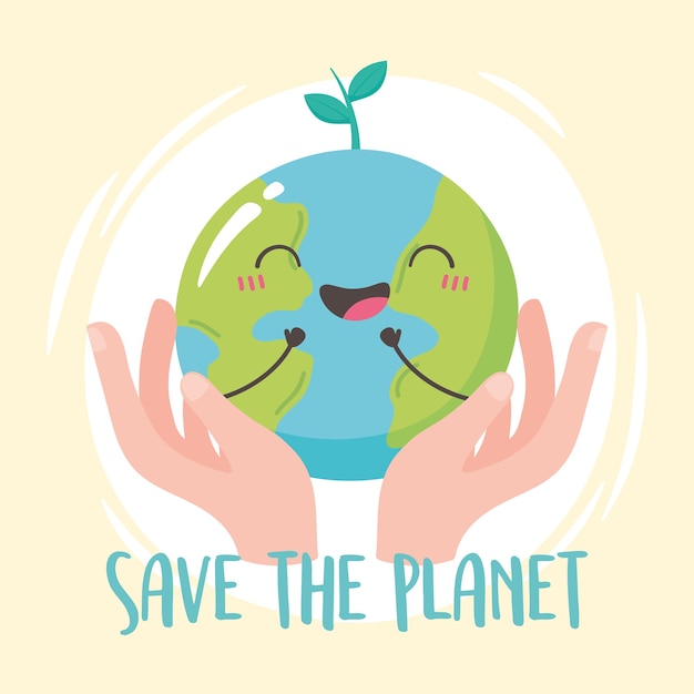 Save the planet, hands holding cartoon happy earth map illustration