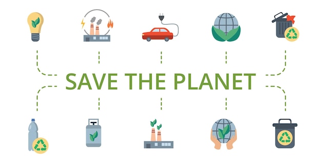 Save planet icon set bevat bewerkbare pictogrammen save the world