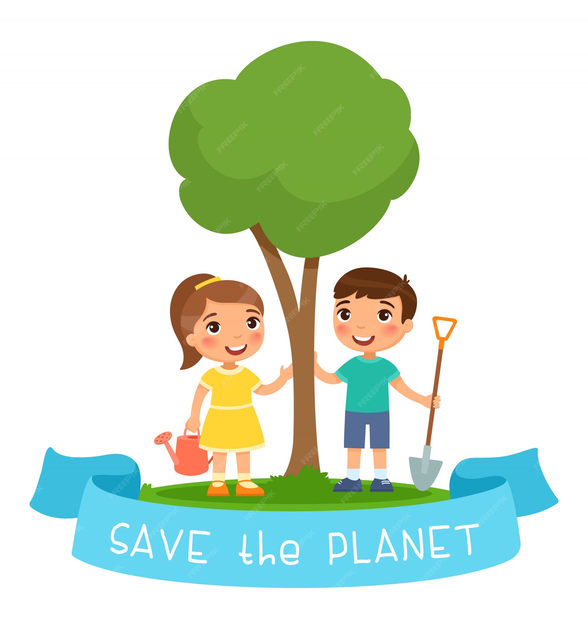 Premium Vector | Save the planet illustration. boy and girl with watering can and shovel for planting seedling Premium Vector | Save the planet illustration. boy and girl with watering can and shovel for planting seedling