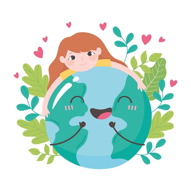 Save the planet, little girl hugging earth map leaves and hearts vector illustration