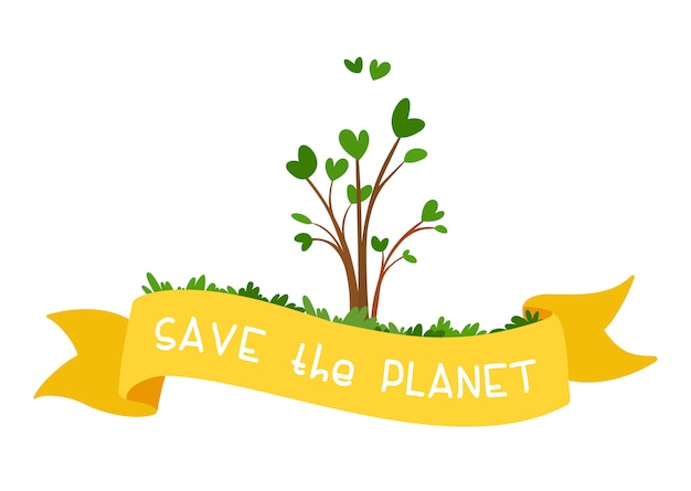 地球を救います。黄色いリボンとテキストの小さな苗。生態学および環境保護の概念。母なる地球の日