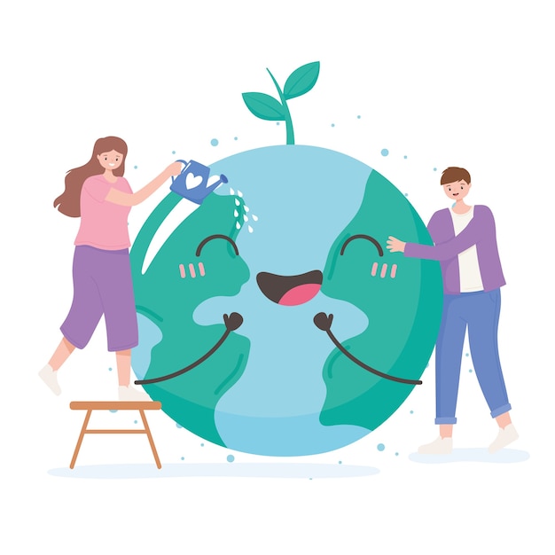 Vector save the planet, man and woman with happy earth map cartoon illustration