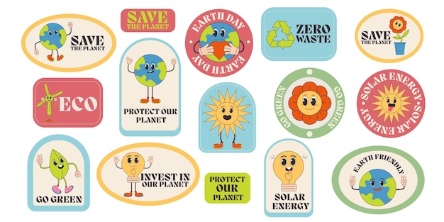 Save the planet sticker label set in trendy groovy style Earth Day Funny earth character and mascot Eco friendly conception