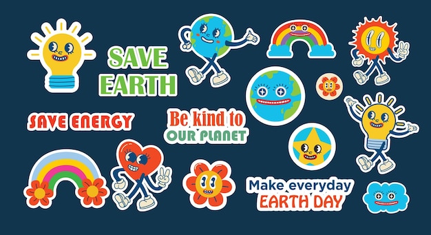 Save the planet stickers in trendy retro cartoon style Set of Earth Day posters Postcards for World Environment Day Funny vector illustrations of planet Earth sun and eco stickers