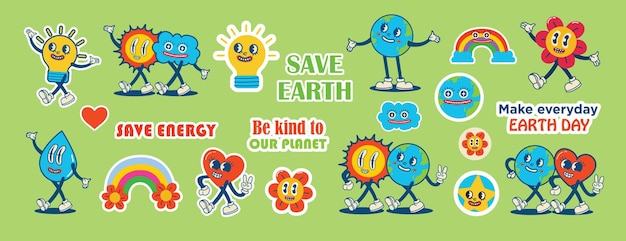 Save the planet stickers in trendy retro cartoon style Set of Earth Day posters Postcards for World Environment Day Funny vector illustrations of planet Earth sun and eco stickers