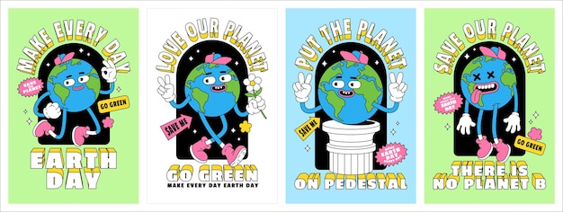 Save the planet in trendy retro cartoon style set of earth day posters world environment day cards