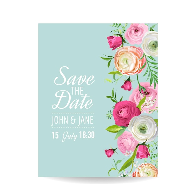 Save the date card met bloesem ranunculus bloemen. bruiloft uitnodiging, verjaardagsfeestje, rsvp bloemen sjabloon. vector illustratie