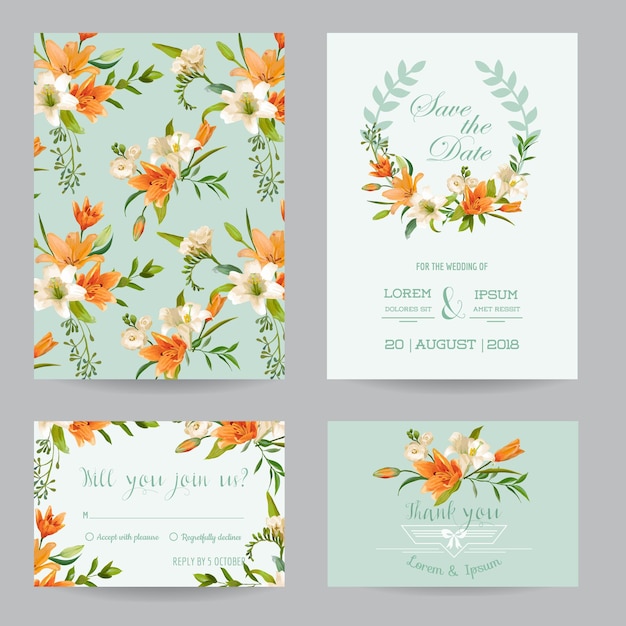 日付カードを保存-結婚式の招待状セット-秋のユリの花のテーマ